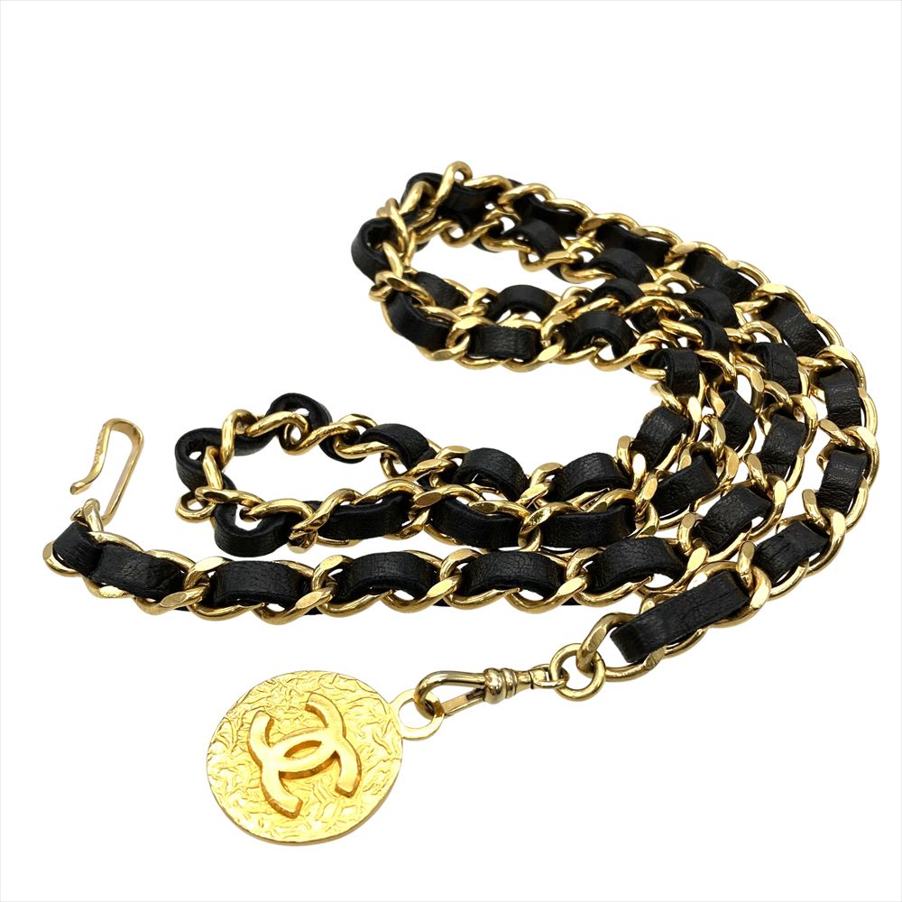 シャネル CHANEL ココマーク チェーン ベルト レザーg 89cm ブラック