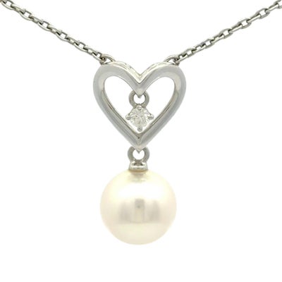 ミキモト MIKIMOTO 1P パール ハート ネックレス ダイヤモンド K18WG 