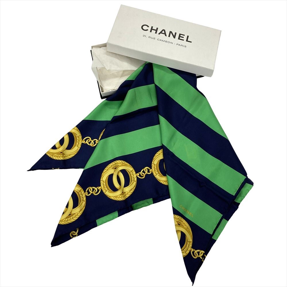 シャネル CHANEL ココマーク チェーン ボーダー スカーフ シルク