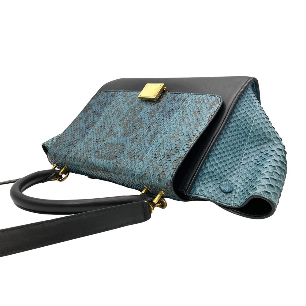 セリーヌ CELINE トラペーズ ショルダーバッグ 2WAY レザー ブルー ゴールド金具 パイソン レディース【中古】 セリーヌ CELINE トラペーズ ショルダーバッグ 2WAY レザー ブルー