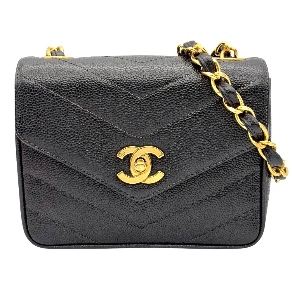 CHANEL シャネル シェブロン Vステッチ チェーン ショルダーバッグ キャビアスキン ブラック ゴールド金具 CHANEL(シャネル) シェブロン Vステッチ チェーン ショルダーバッグ