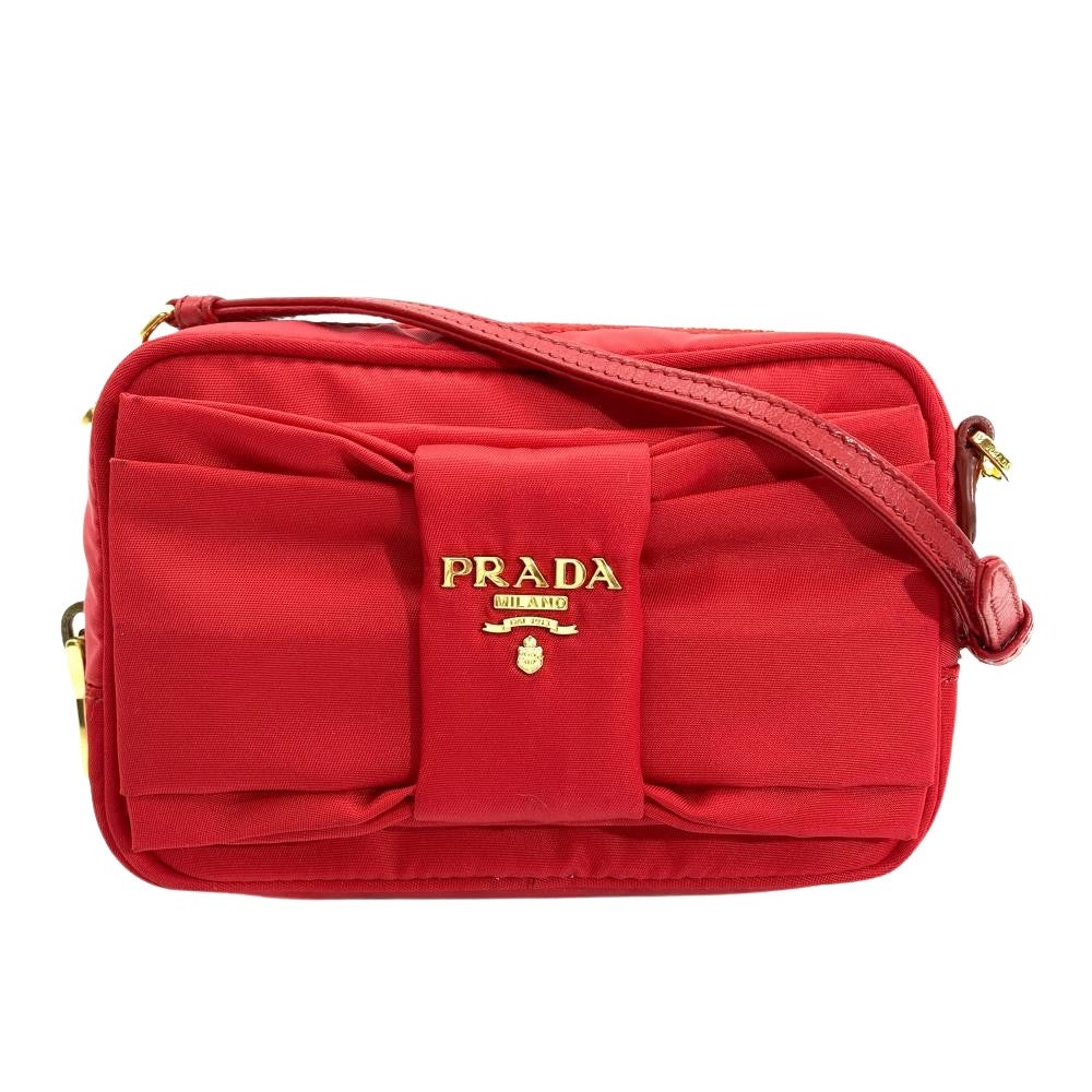 プラダ PRADA リボン ミニ ショルダーバッグ ナイロン レッド ゴールド