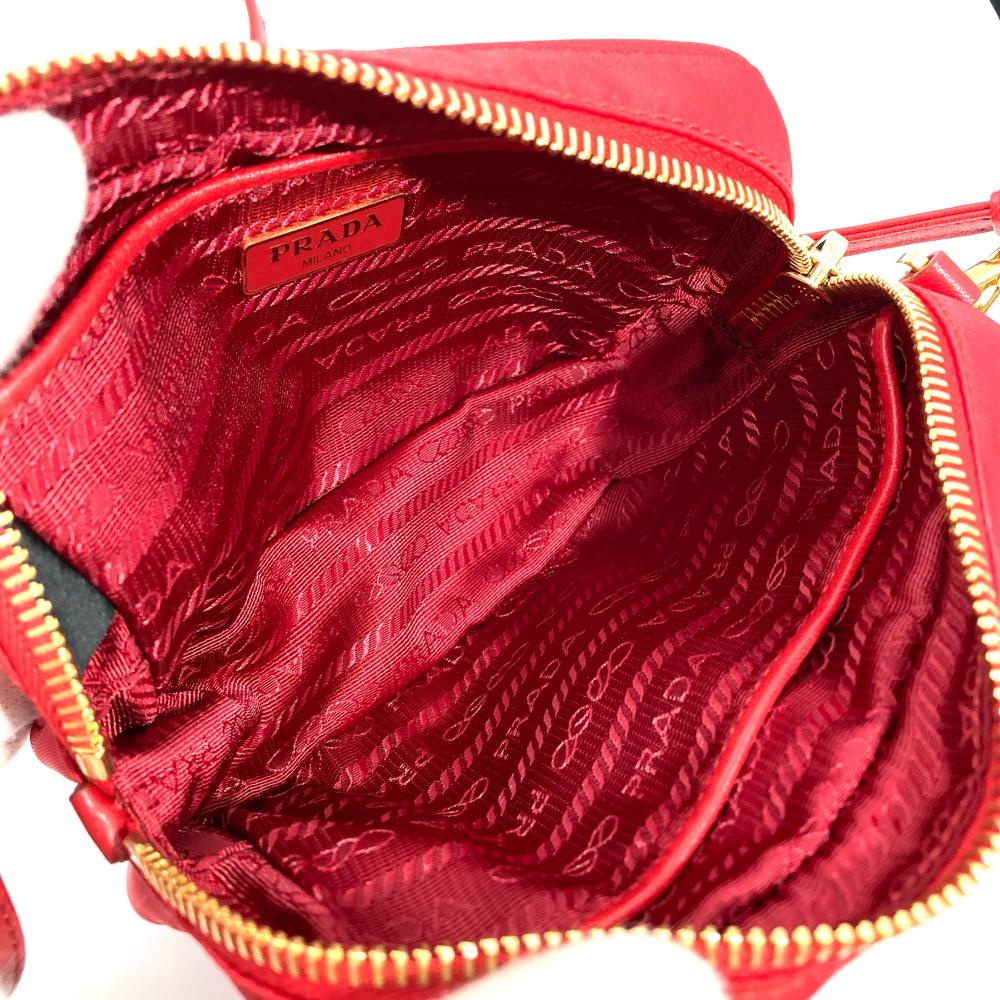 プラダ PRADA リボン ミニ ショルダーバッグ ナイロン レッド ゴールド