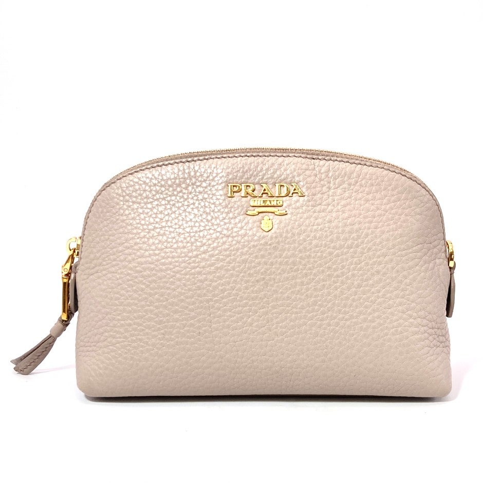 プラダ PRADA ポーチ レザー グレー ゴールド金具【中古】 | ゴールド