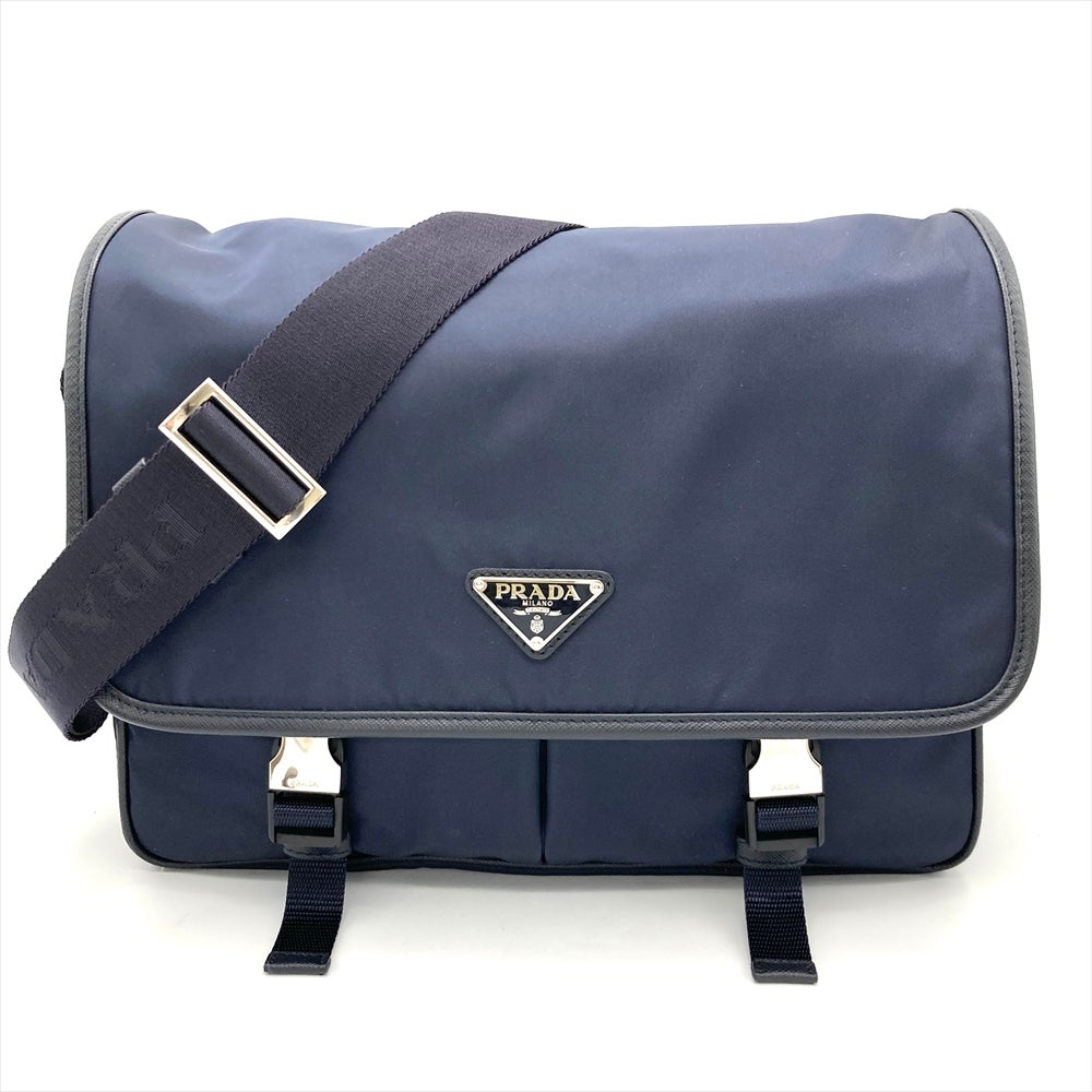 プラダ PRADA ロゴ金具 ショルダーバッグ ナイロン ネイビー シルバー