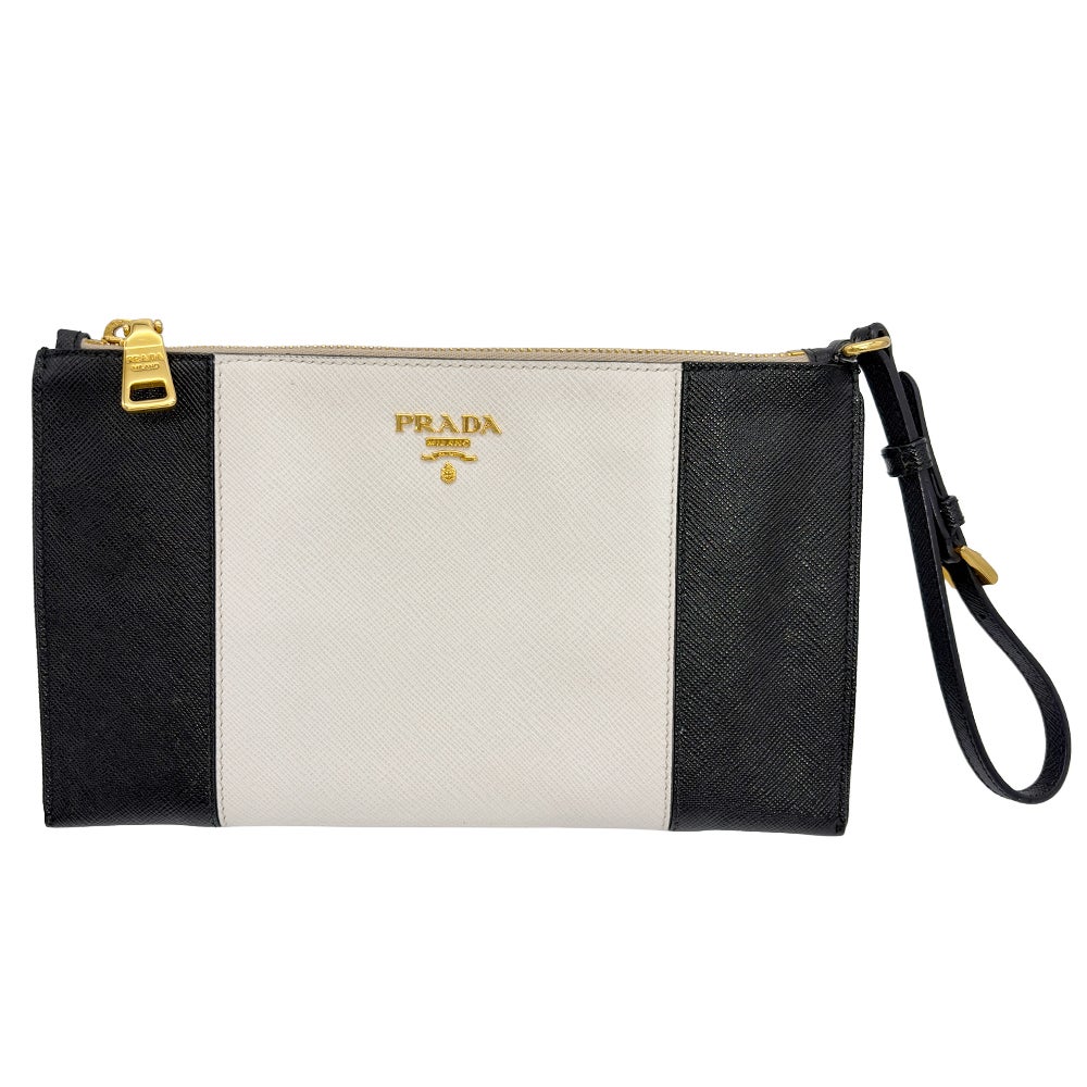 プラダ PRADA ポーチ レザー グレー ゴールド金具【中古】 | ゴールド