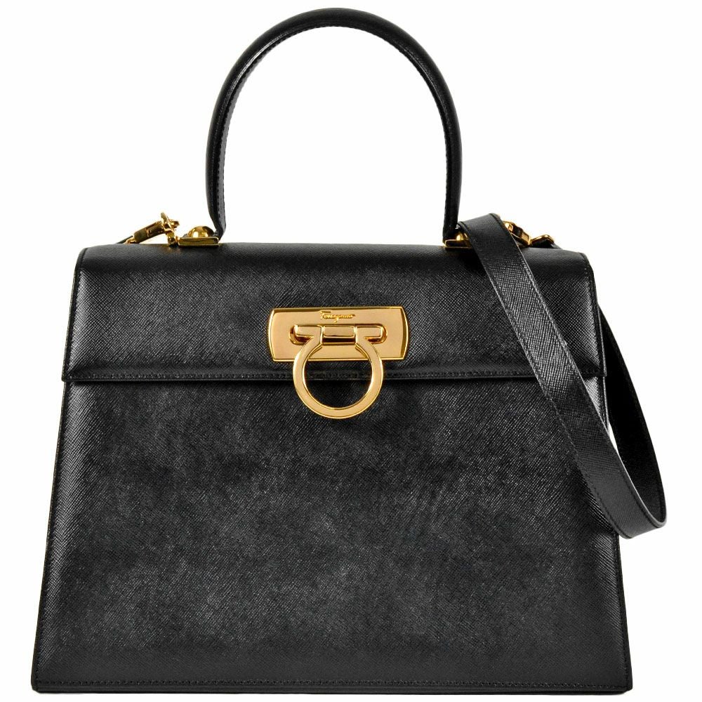 【美品】フェラガモ☆ガンチーニ　金金具　2WAY　ハンドバック　ショルダー　黒 フェラガモ Ferragamo ガンチーニ ハンドバッグ 2WAY レザー 21 2181