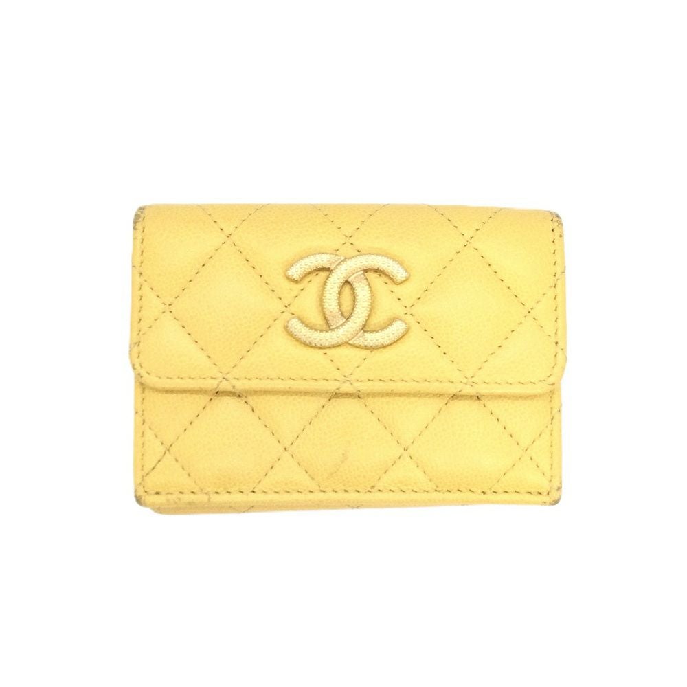 シャネル CHANEL ココマーク  三つ折り財布 キャビアスキン AP296 イエロー ゴールド金具 レディース【中古】 シャネル CHANEL ココマーク 三つ折り財布 キャビアスキン AP296