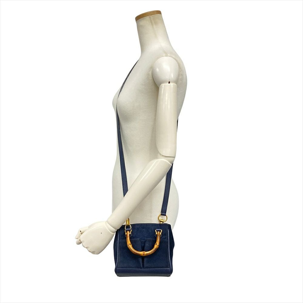 本物 グッチ GUCCI バンブー 巾着 2WAY ショルダーバッグ ハンドバッグ スエード レザー ネイビー Bamboo バッグ 中古・ グッチ GUCCI バンブー ミニ ショルダーバッグ スウェード レザー 007